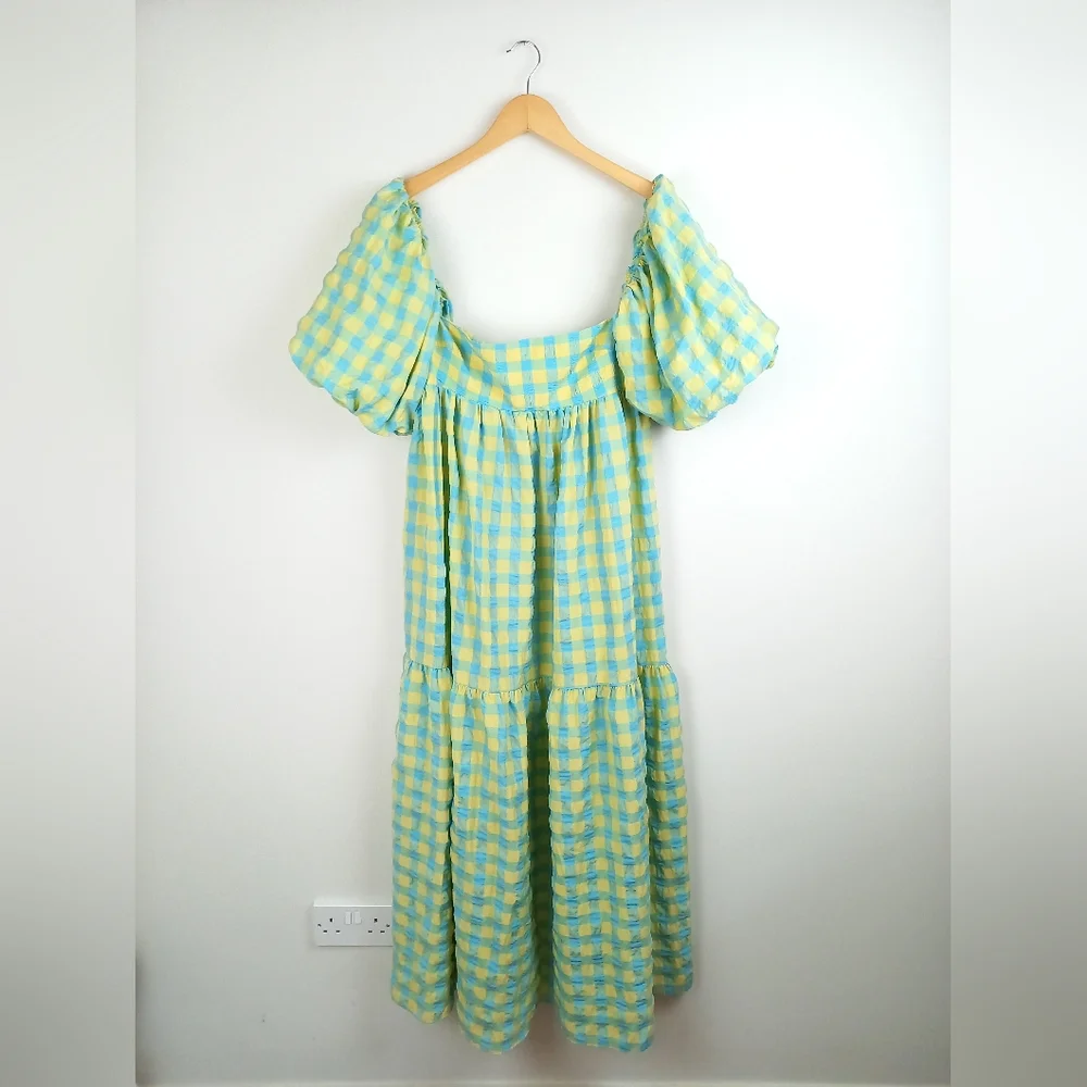 Zara Long Check Print Dress Panelled Puff Sleeve Green Yellow Blue - Medium - Picture 4 of 11